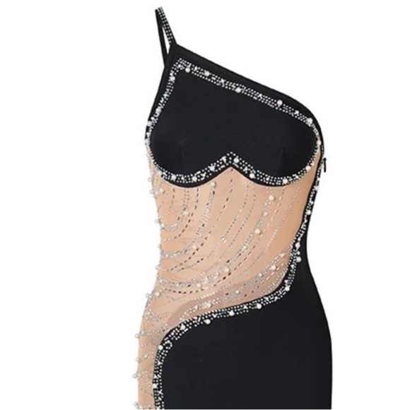 BLACK HEART SHAPED RHINESTONE PEARL NUDE MESH ONE SHOULDER FULL LENGTH GOWN XL - Picture 15 of 16